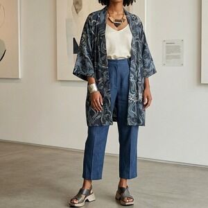 THE KIT. Kimono Size M Blue Crane Bird Print Open Front Robe Arsty Boho